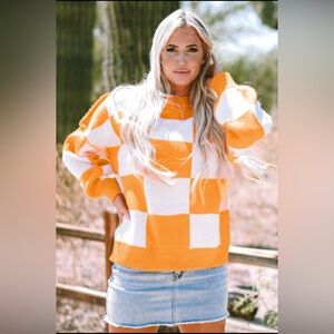 Orange Checkered Bishop Sleeve Sweater womens